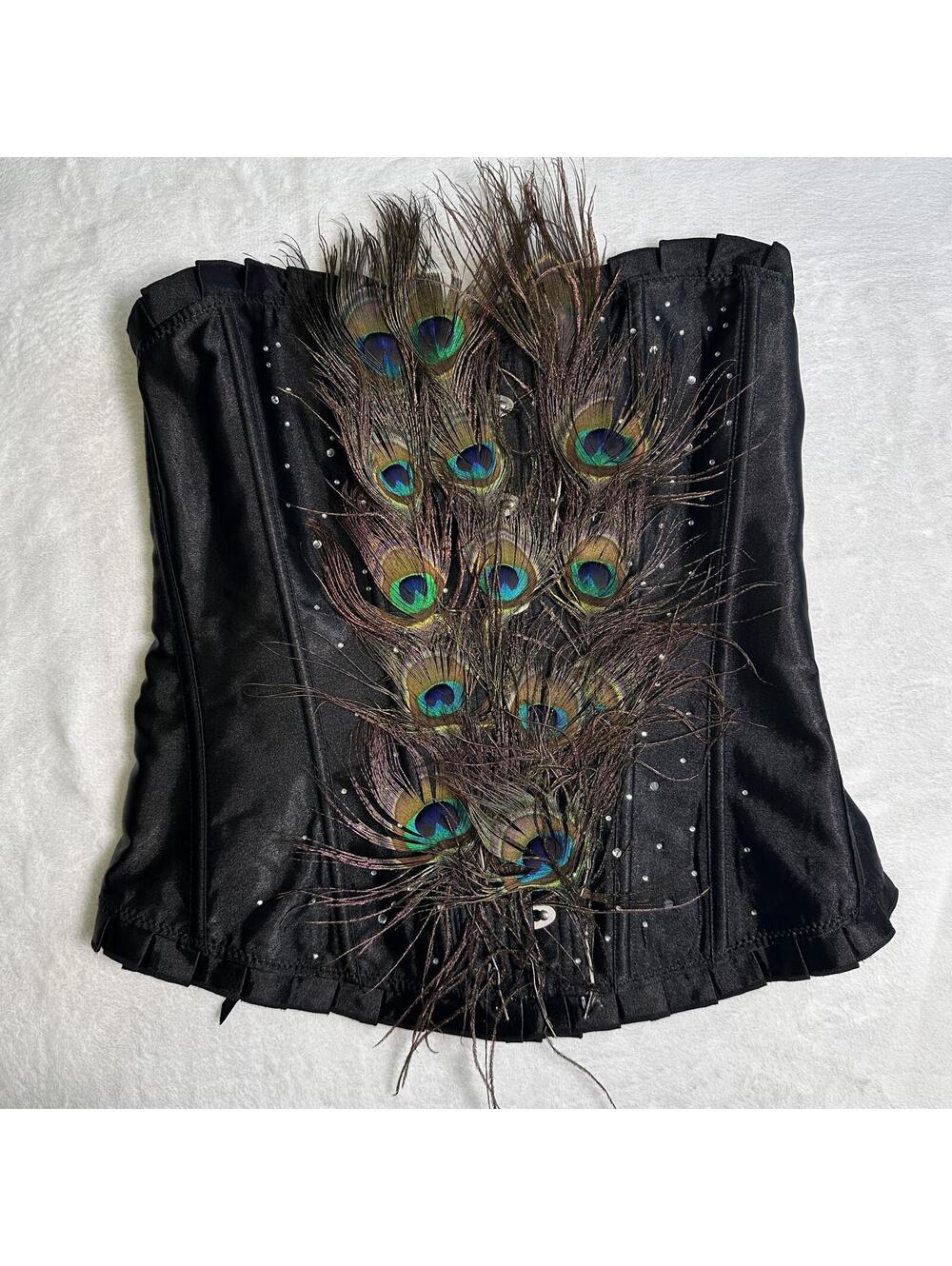 Black Satin Corset with Peacock Feather Detail Large